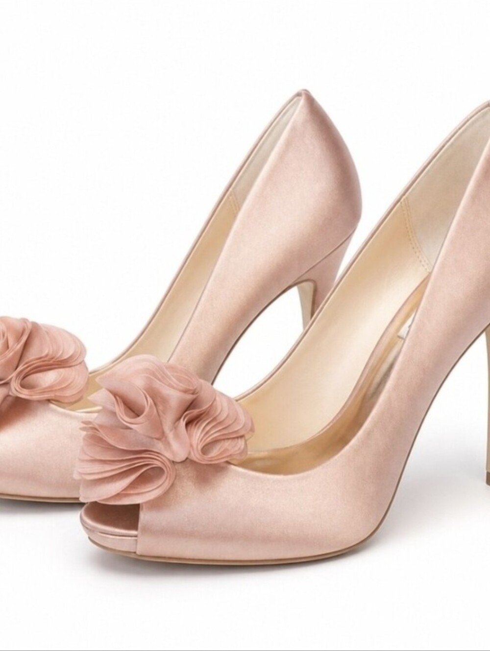 Badgley Mischka Rose Gold Satin Peep-Toe Heels with Floral Rosette